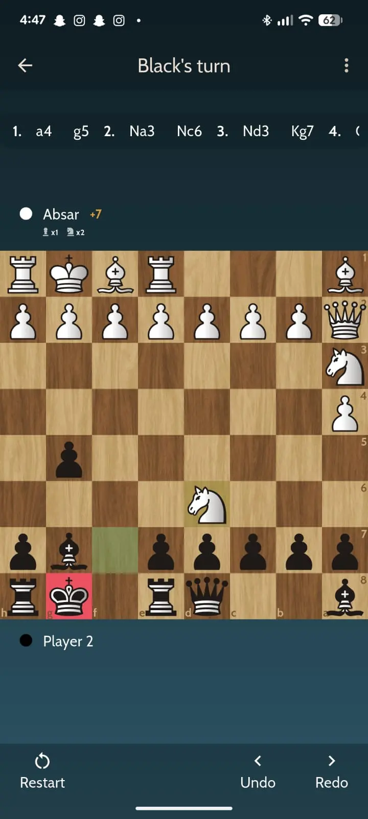 Chess Coach app showing a live Chess960 game vs AI with non-standard back rank and +7 evaluation for White