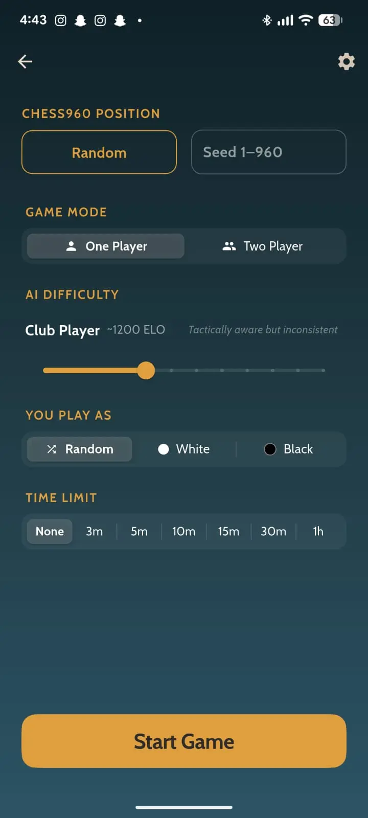 Chess960 setup screen in Chess Coach: Learn & Play with random position selector, seed 1-960 picker, AI difficulty slider, and time controls