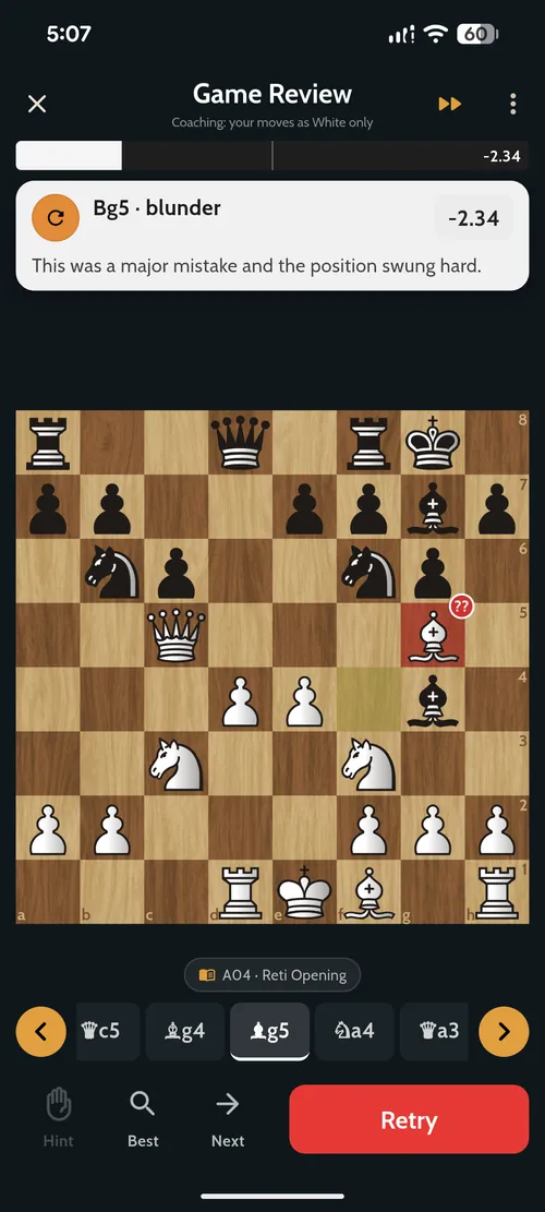 Game review flagging the move Bg5 as a blunder with the note 'This was a major mistake and the position swung hard' and a red Retry button