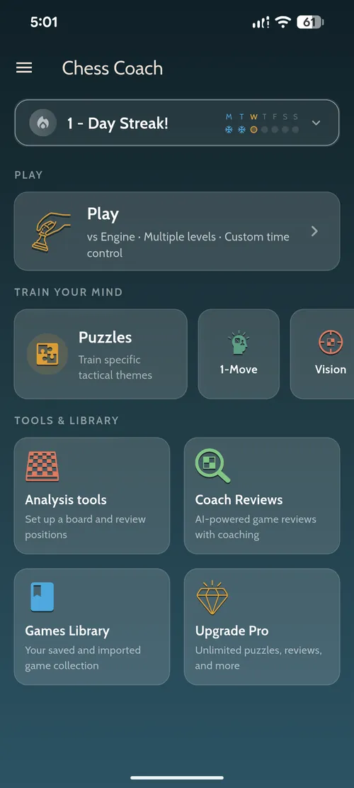 Chess Coach Pro home screen showing the Coach Reviews tile alongside Play, Puzzles, Analysis tools and Games Library