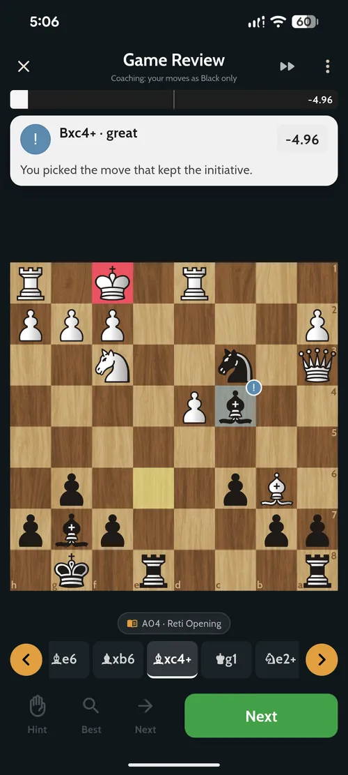 Game review highlighting the move Bxc4+ as a Great move with the coaching note 'You picked the move that kept the initiative'