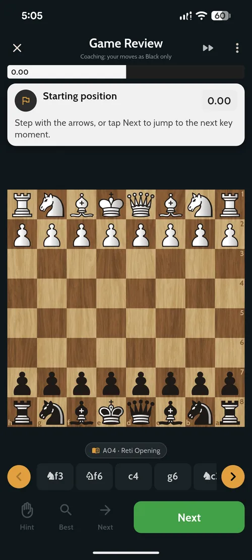 Chess Coach Pro guided game review board with an evaluation bar, the Reti Opening detected, a move list, and Hint, Best and Next coaching controls
