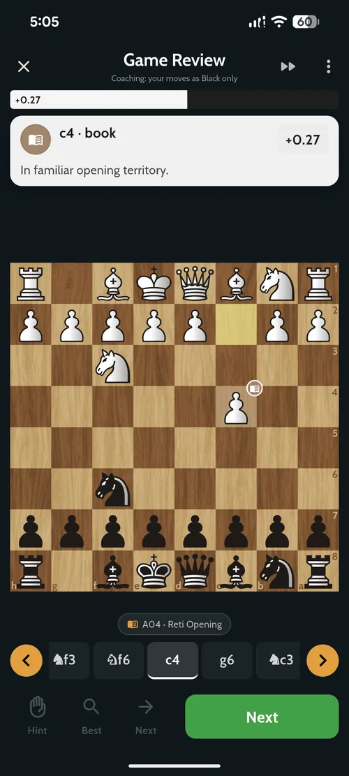 Game review showing the move c4 classified as a book move with the note 'In familiar opening territory' and the Reti Opening detected