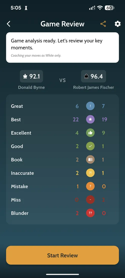 Coach Review of the Byrne versus Fischer Game of the Century, showing accuracy scores of 92.1 and 96.4
